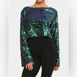 Hot & Delicious O Neckline Bling Sequin Flare Sleeve Crop Top